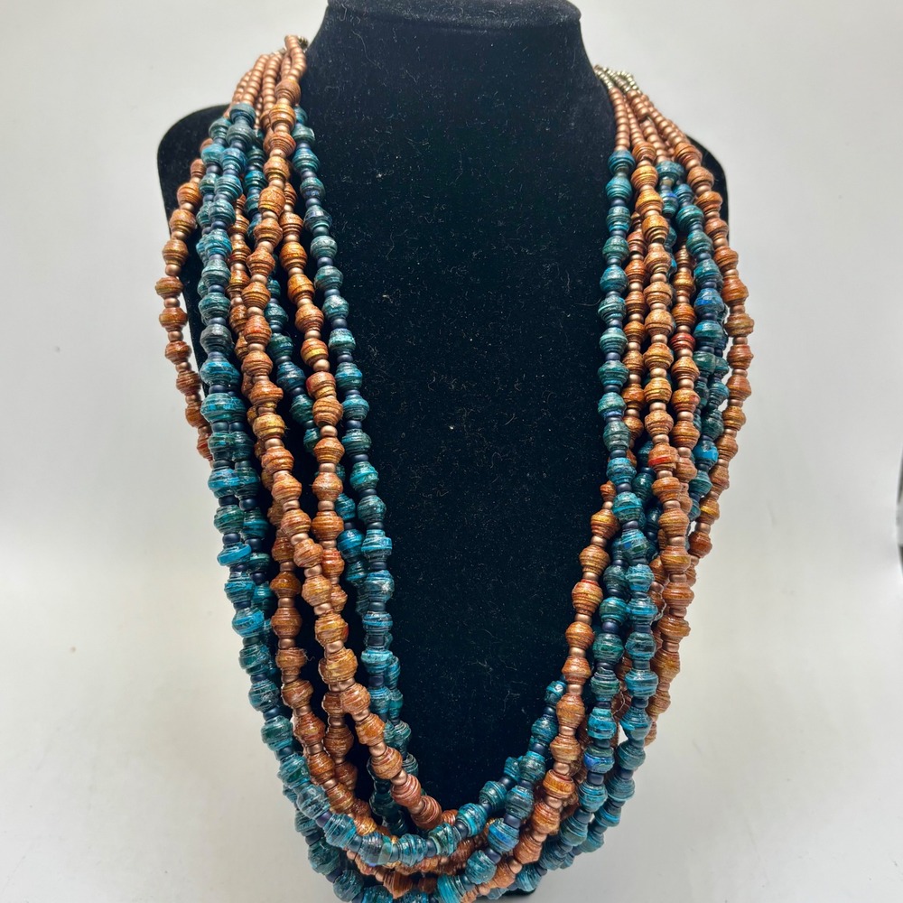 Vintage Boho Layered‎ Paper Bead Necklace Multistrand Statement Copper Blue